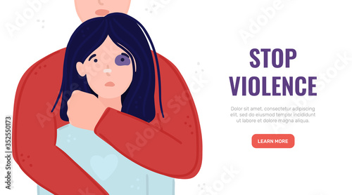 Woman with black eye in hands of man. Aggressor holds tightly scared girl. Concept is for crisis help center or for advocacy for women's rights. Landing page, poster, banner, brochure, . Vector, eps10