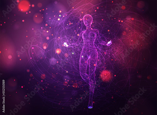 vector 3d girl from dots and splines, among wavy threads and circles on neon purple and pink background