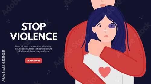 Woman with black eye in hands of man. Aggressor holds tightly scared girl. Concept is for crisis help center or for advocacy for women's rights. Landing page, poster, banner, brochure, . Vector, eps10