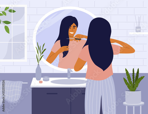 Cute girl cutting own hair. Young woman in front of mirror making new haircut. Lady with scissors in bathroom. Yourself hairdresser. Quarantine self isolation. Beauty care at home vector illustration.