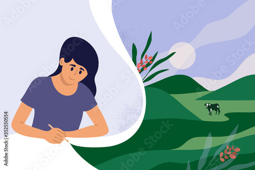 Girl artist drawing picture with landscape. Painter or art person. Woman graphic designer creating vector illustration with nature hills, farm land, meadow, cow in pasture. Oil or acrylic paint work. 