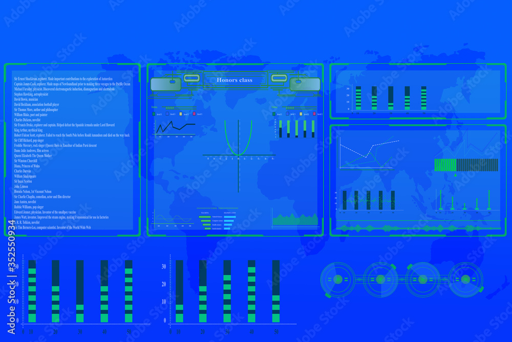 arrows, graphs, charts on a blue technological background, development concept, statistics, programming, business globalization, blank form, empty mock up, space for a designer, a modern presentation