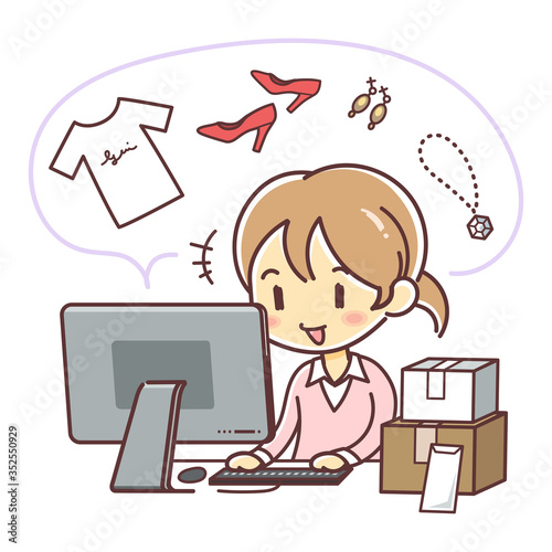 ネットフリマ（ネットオークション）の出品作業をする女性のイラスト（文字なし）