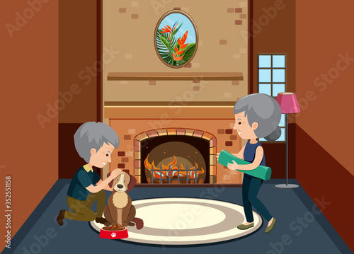 Background scene with old couple staying at home