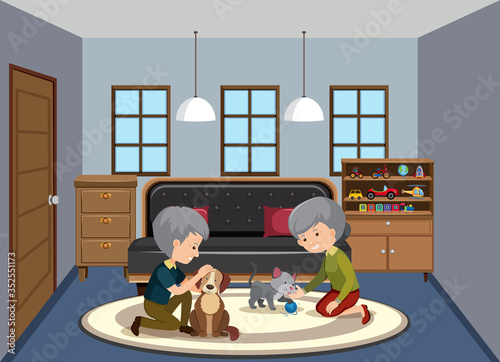 Background scene with old couple staying at home