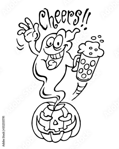 Ghost flies out of pumpkin with glass of beer and screams Cheers, Halloween theme black and white cartoon