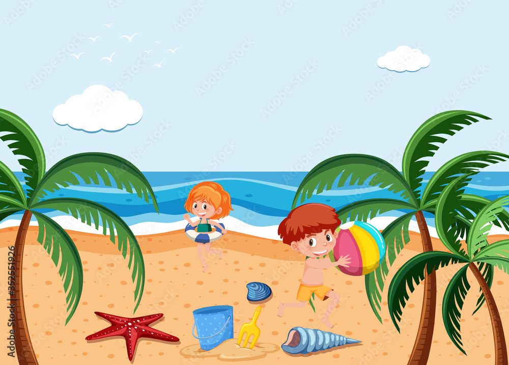 Obraz premium Background scene with kids playing on the beach