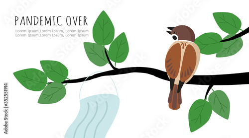 Medical mask on a branch with leaves and a bird. The concept of trash after a pandemic, environmental pollution with disposable virus protection.