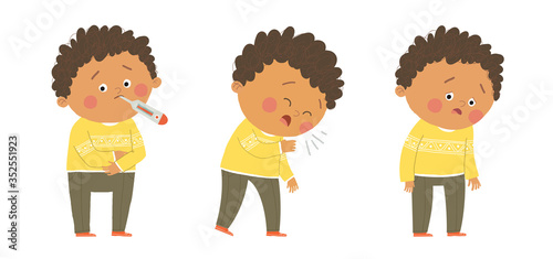 Cute sick african american boy. Flu symptoms fever, cough, tiredness. Cartoon vector hand drawn eps 10 illustration isolated on white background in a flat style.