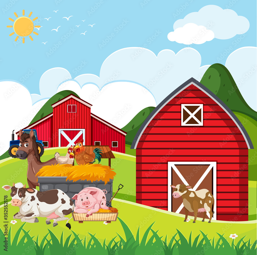 Farm scene with many animals on the farm Farm scene with many animals on the farm