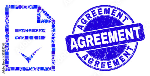 Geometric agreement page mosaic pictogram and Agreement seal stamp. Blue vector rounded grunge seal stamp with Agreement caption. Abstract collage of agreement page done of circle, triangles,