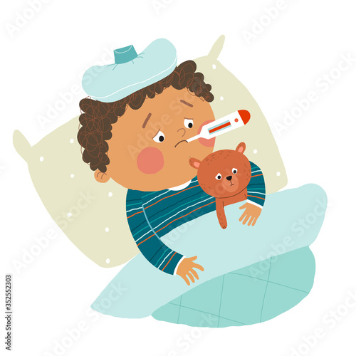 Little African American boy ill in bed with thermometer and hugging teddy bear. Cartoon vector hand drawn eps 10 illustration isolated on white background in a flat style.
