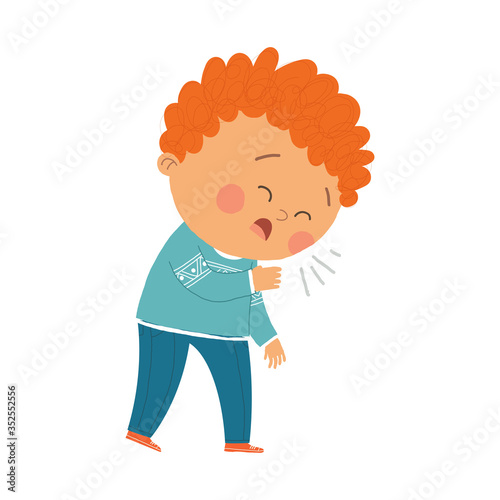 Cute Boy Coughing. Cartoon vector hand drawn eps 10 illustration isolated on white background in a flat style.