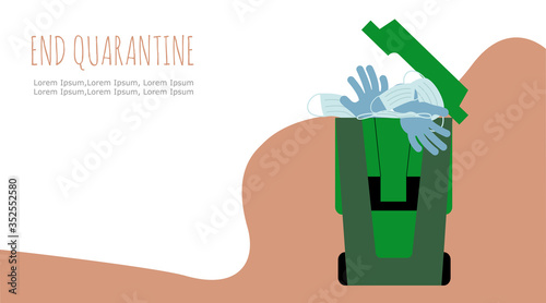 The concept of the end of the global pandemic. Disposable medical masks and gloves in the trash. Proper waste disposal without polluting around you.