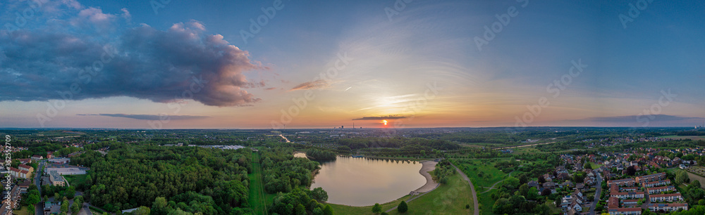Panoramic sunset drone landscapes of Lanstropsee lake in Dortmund