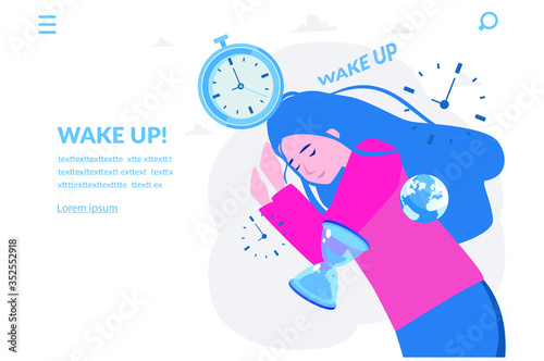 Morning, woman character, alarm clock. routine theme. Vector illustration for web banner, infographics, mobile. Morning wake up alarm and happy,   new day. 