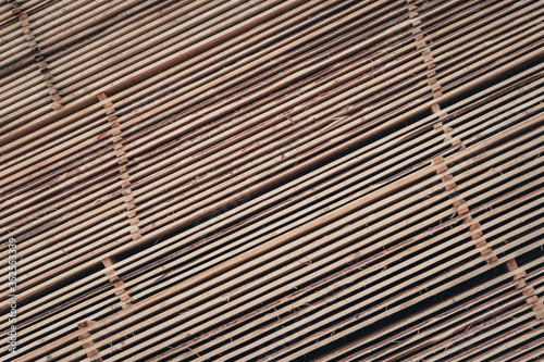 Wood and Sawmill. Large round logs harvested for construction.