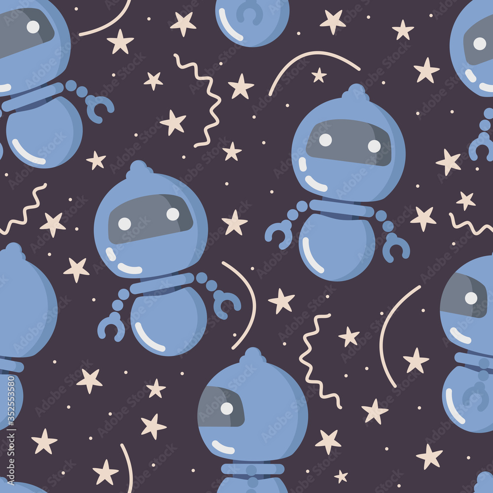 Seamless pattern with a blue robot on a starry sky. Vector image on a ...
