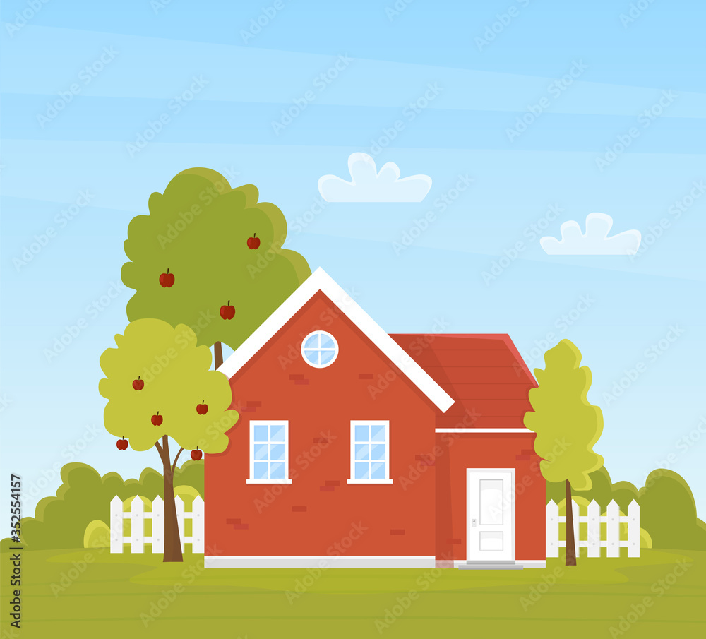 Red country house with apple tree garden. Summer rural landscape. Vector illustration, flat style