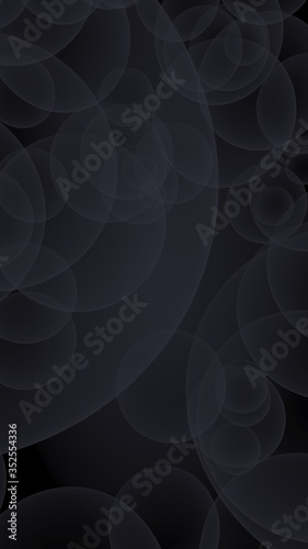 Abstract black background. Backdrop with dark transparent bubbles. Vertical orientation. 3D illustration