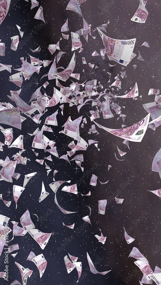 Flying euro banknotes on a outer space starry background. Money flying in the outer space. 500 EURO in color. Vertical orientation. 3D illustration Flying euro banknotes on a outer space starry background. Money flying in the outer space. 500 EURO in color. Vertical orientation. 3D illustration