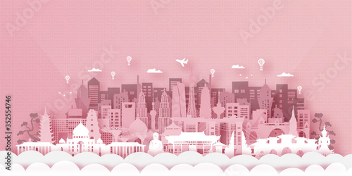 Asia Landmarks Travel postcard, poster, tour advertising of world famous landmarks. Vectors illustrations