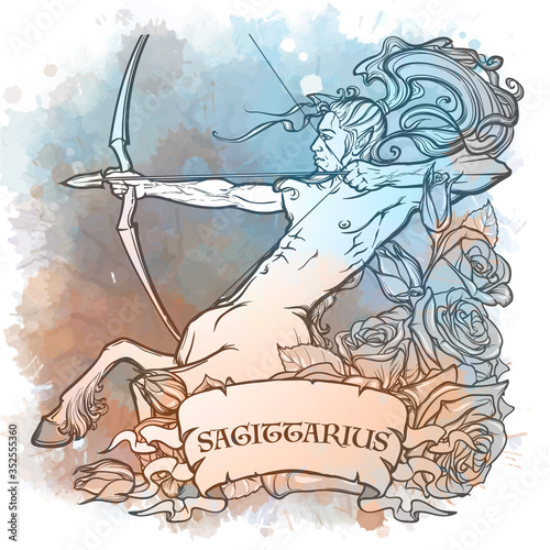 Zodiac sign of Sagittarius, element of Fire. Intricate linear drawing on watercolor textured background. Roses decorative garland. Square format. EPS10 vector illustration.