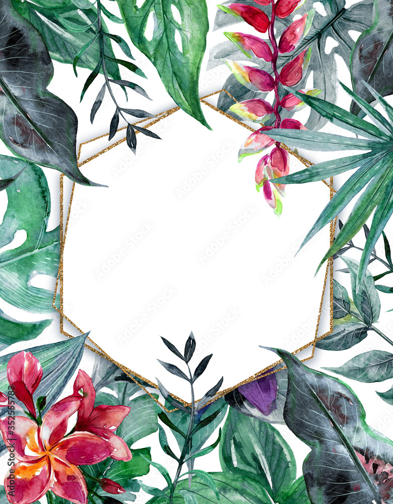 Fototapeta premium Beautiful frame with hand drawn watercolor tropical leaves and flowers.