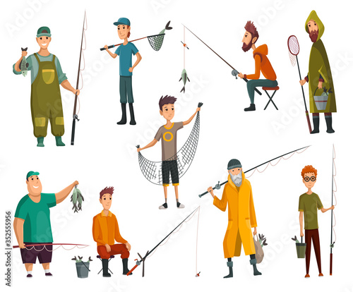 Set of fishermans fishing with fishing rod. Fishing equipment, leisure and hobby catch fish. Fisherman with fish, holding net or fishing rod. Vector illustration