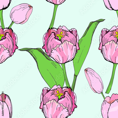  seamless background of Tulip flowers on green background, isolated images, Doodle, hand drawing