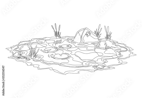Coloring water pond with reeds and stones around. Concept of open small swamp lake in natural landscape style. Graphic design for spring season