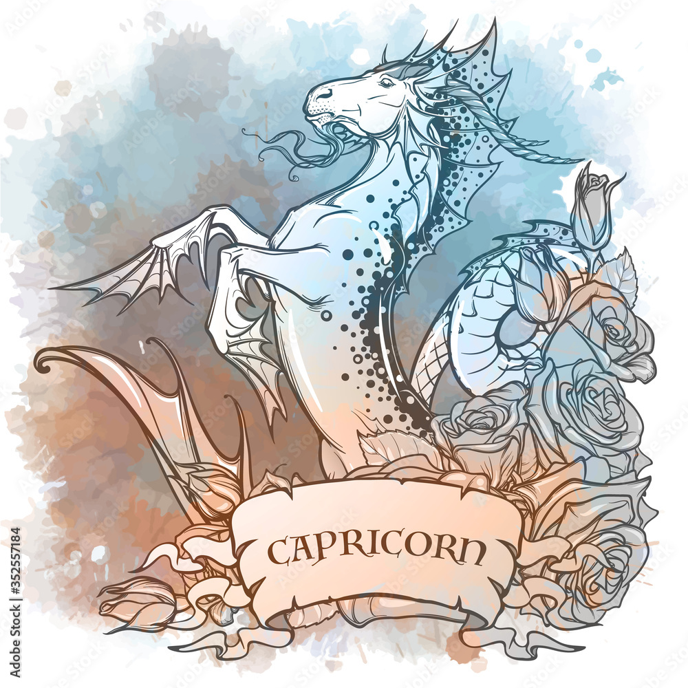 Zodiac sign of Capricorn, element of Earth. Intricate linear drawing on watercolor textured background. Roses decorative garland. Square format. EPS10 vector illustration.