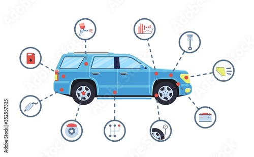 Car service concept. Automobile maintenance repair. Car diagnostics. Vector illustration.