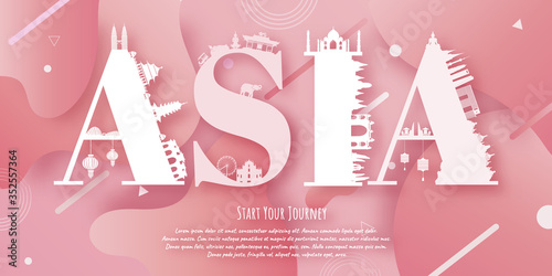 Asia Landmarks Travel postcard, poster, tour advertising of world famous landmarks. Vectors illustrations