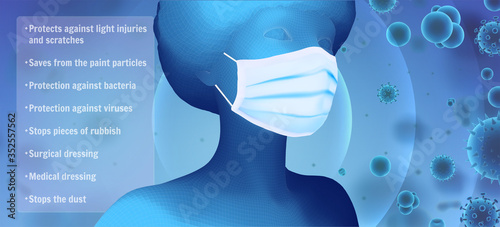 3D female portrait in a medical mask against the background of bacteria, viruses, spores and dust.