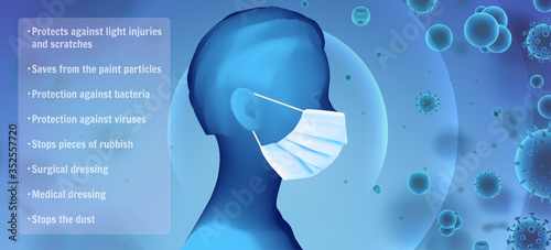 3D female portrait in a medical mask against the background of bacteria, viruses, spores and dust.