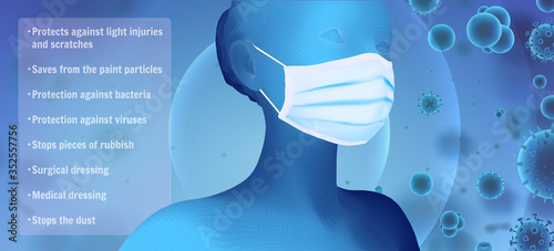 3D female portrait in a medical mask against the background of bacteria, viruses, spores and dust.