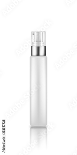 Pump serum spray bottle mockup with transparent cap isolated on white background. Plastic package design. Blank cosmetic, hygiene, skincare template. 3d realistic vector illustration