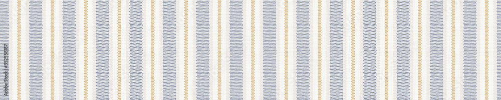 Seamless french farmhouse stripe border pattern. Provence blue linen shabby chic style. Hand drawn texture. Yellow blue banner background. Modern textile ribbon trim