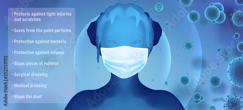3D female portrait in a medical mask against the background of bacteria, viruses, spores and dust.