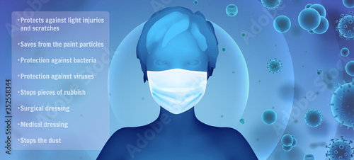 3D female portrait in a medical mask against the background of bacteria, viruses, spores and dust.