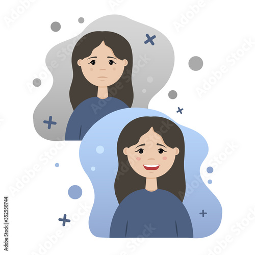 Concept psychology, bipolar disorder, depression, mania, hypomania. Two girls portrait. Vector illustration.