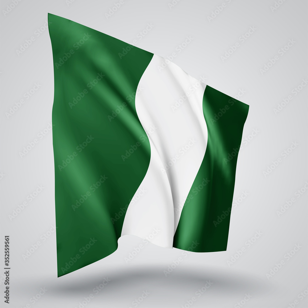Obraz premium Nigeria, vector flag with waves and bends waving in the wind on a white background.