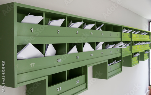 wooden Mailbox on condominium , Resident, apartment service. Letter box .