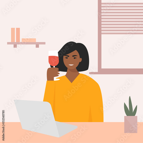Woman drinking wine at online party. Network celebration, friends virtual meeting, video conference during quarantine. Remote Network Communication. Vector flat illustration.