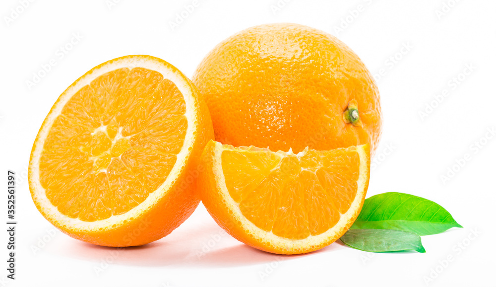 Fresh orange fruit with leaf on white background
Fresh orange fruit with leaf on white background