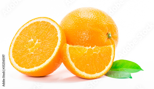 Fresh orange fruit with leaf on white background 