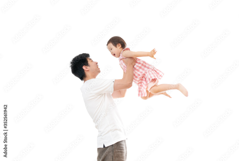 Father holding daughter flying on white background Father holding daughter flying on white background