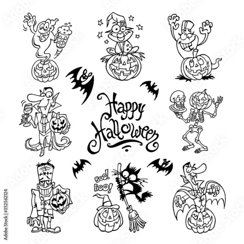 Happy Halloween set of monsters, ghost, vampire, skeleton, frankenstein, frog, black cat, pumpkin and bat, black and white cartoon