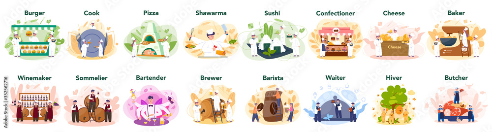 Fototapeta premium People cooking and preparing food set. Restaurant chef cooking